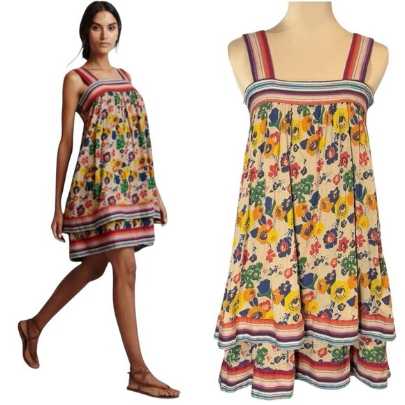 WARM NY Babydoll Mini Dress Sz.XS Tiered Floral Smocked Back Sundress Boho - Picture 1 of 13